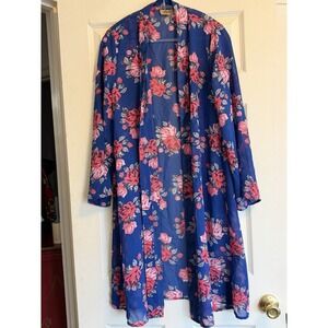 Jorja Women's Large Long Flowy Blue Kimono Open Duster With Big Roses Print